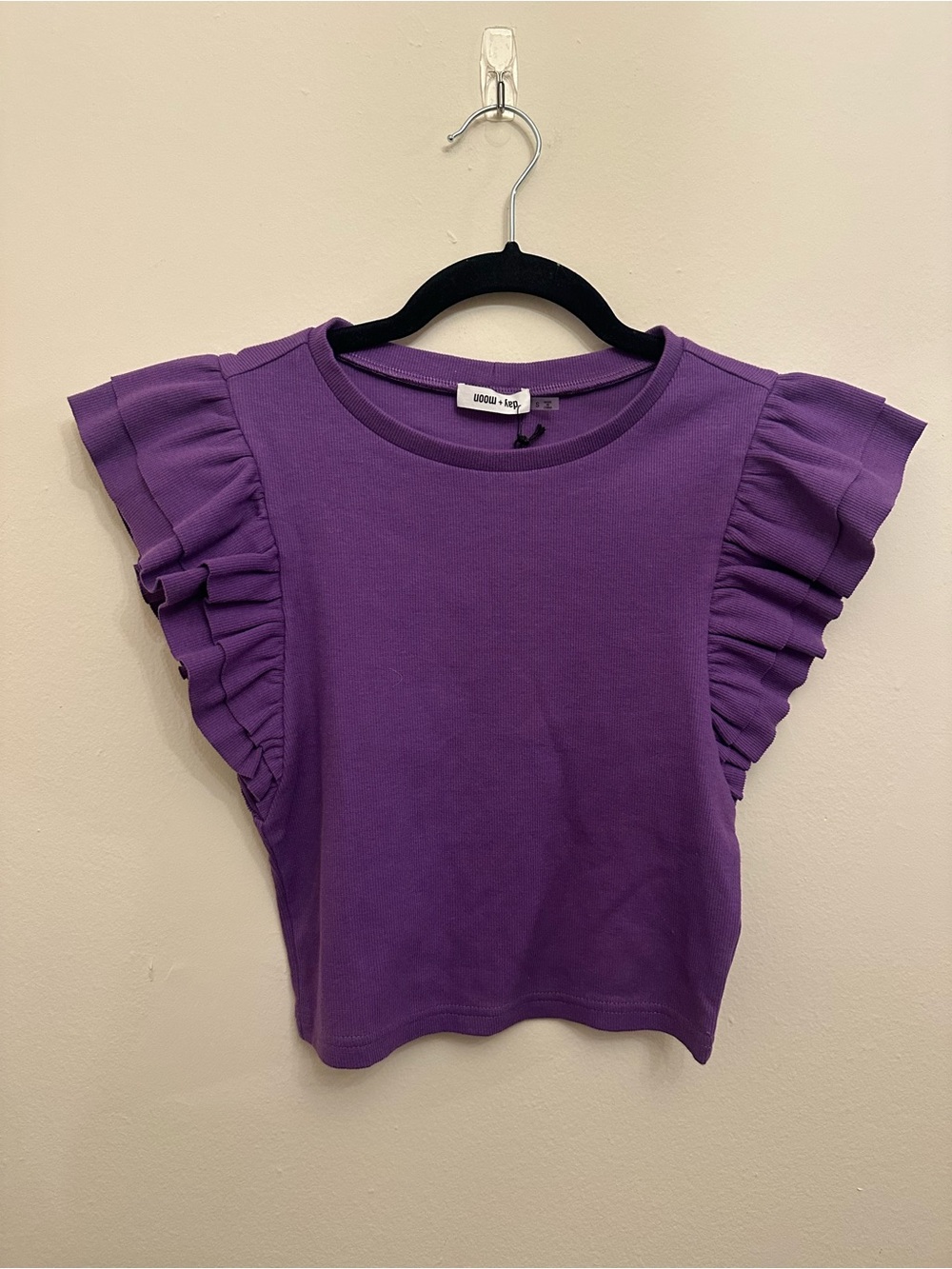 NWT Day + Moon S Purple Ribbed Crop Top Double Ruffle Flutter Sleeve Girly